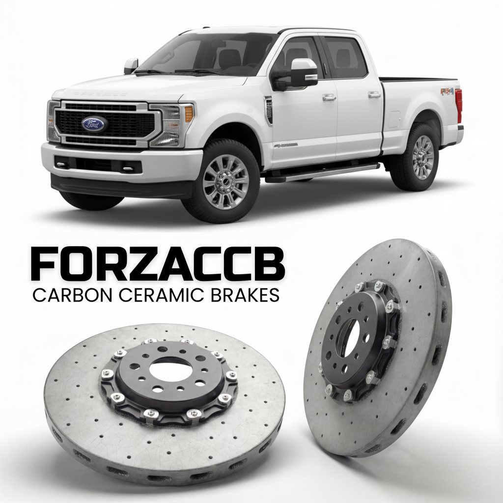 ForzaCCB direct OEM replacement carbon ceramic brake rotors for 2023 and newer Ford F-350 Super Duty V Crew Cab Long box models, shown with a white Ford F-350 Super Duty car.
