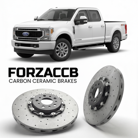 ForzaCCB direct OEM replacement carbon ceramic brake rotors for 2023 and newer Ford F-350 Super Duty V Crew Cab Long box models, shown with a white Ford F-350 Super Duty car.