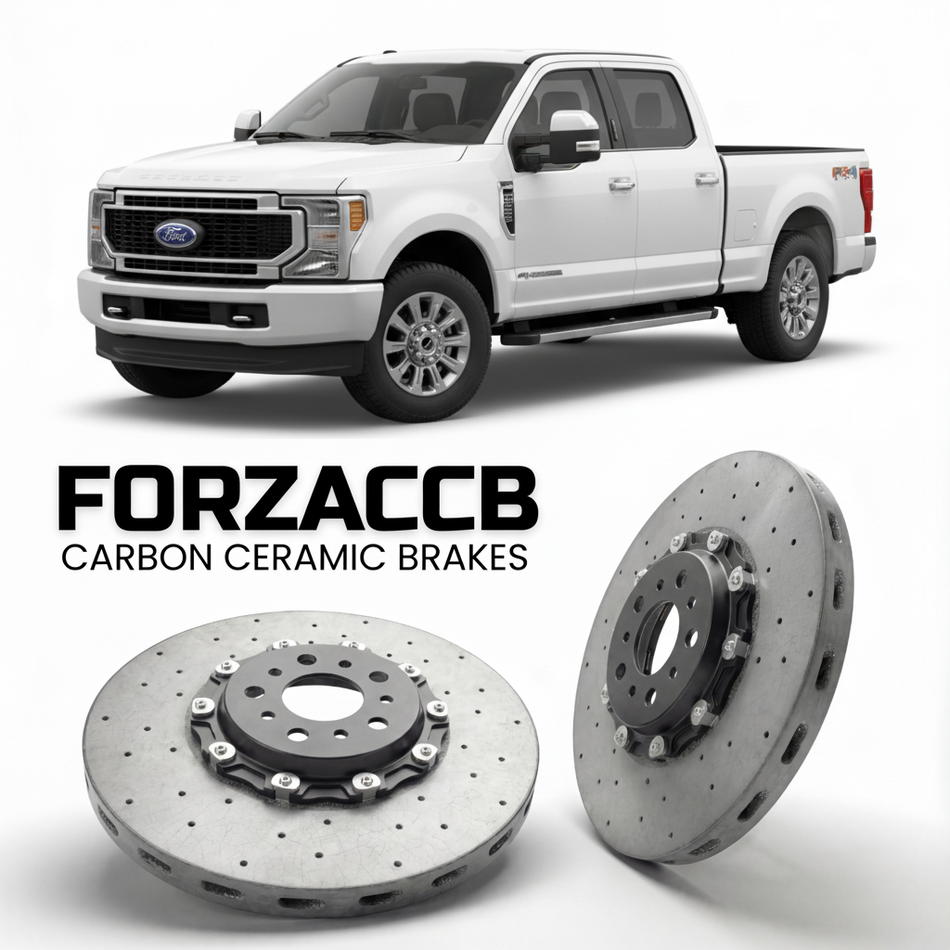 ForzaCCB direct OEM replacement carbon ceramic brake rotors for 2023 and newer Ford F-350 Super Duty V Crew Cab Long box models, shown with a white Ford F-350 Super Duty car.