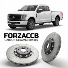 ForzaCCB direct OEM replacement carbon ceramic brake rotors for 2023 and newer Ford F-350 Super Duty V Crew Cab Short box models, shown with a white Ford F-350 Super Duty car.