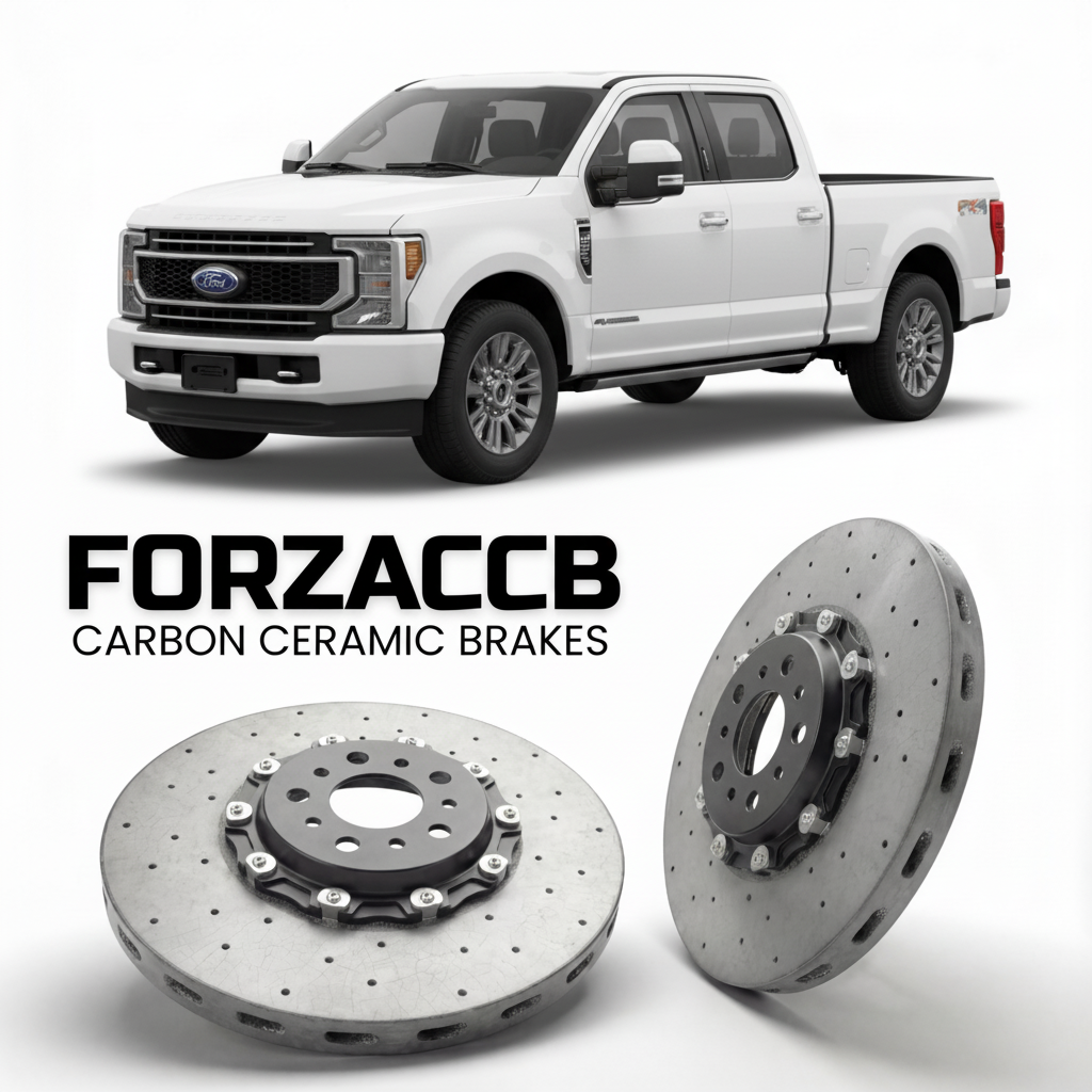 ForzaCCB direct OEM replacement carbon ceramic brake rotors for 2023 and newer Ford F-350 Super Duty V Crew Cab Short box models, shown with a white Ford F-350 Super Duty car.