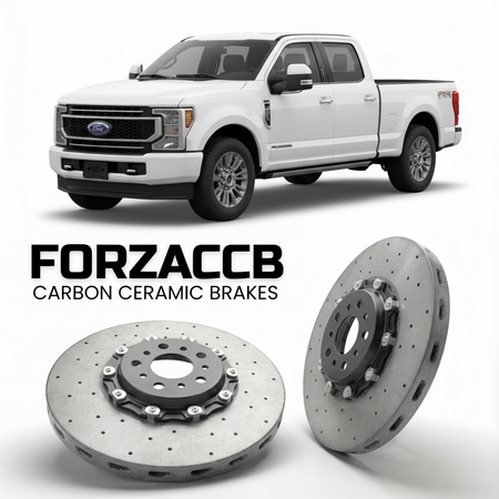 ForzaCCB direct OEM replacement carbon ceramic brake rotors for 2023 and newer Ford F-350 Super Duty V Crew Cab Short box models, shown with a white Ford F-350 Super Duty car.