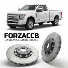 ForzaCCB direct OEM replacement carbon ceramic brake rotors for 2023 and newer Ford F-350 Super Duty V Regular Cab Long box models, shown with a white Ford F-350 Super Duty car.