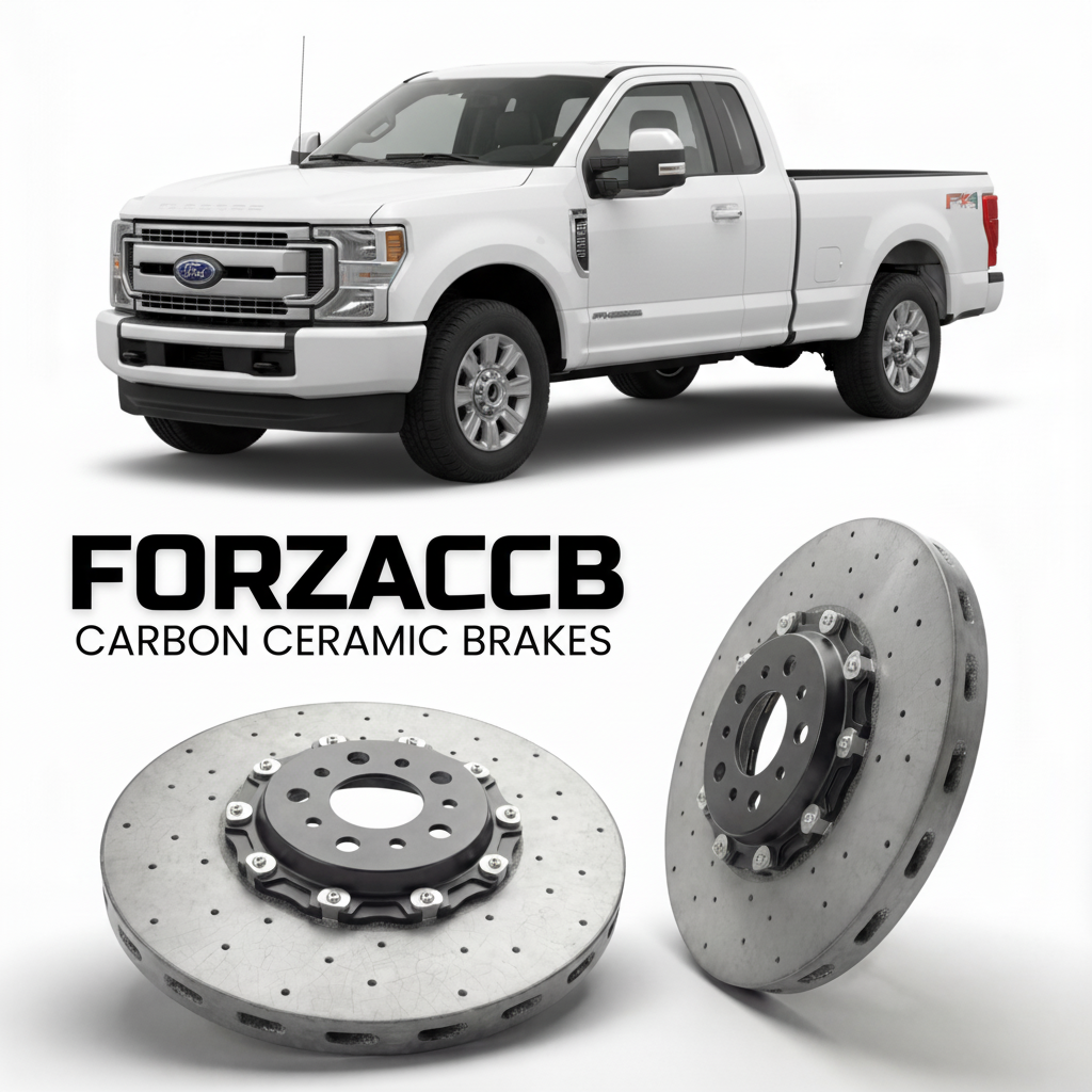 ForzaCCB direct OEM replacement carbon ceramic brake rotors for 2023 and newer Ford F-350 Super Duty V Regular Cab Long box models, shown with a white Ford F-350 Super Duty car.