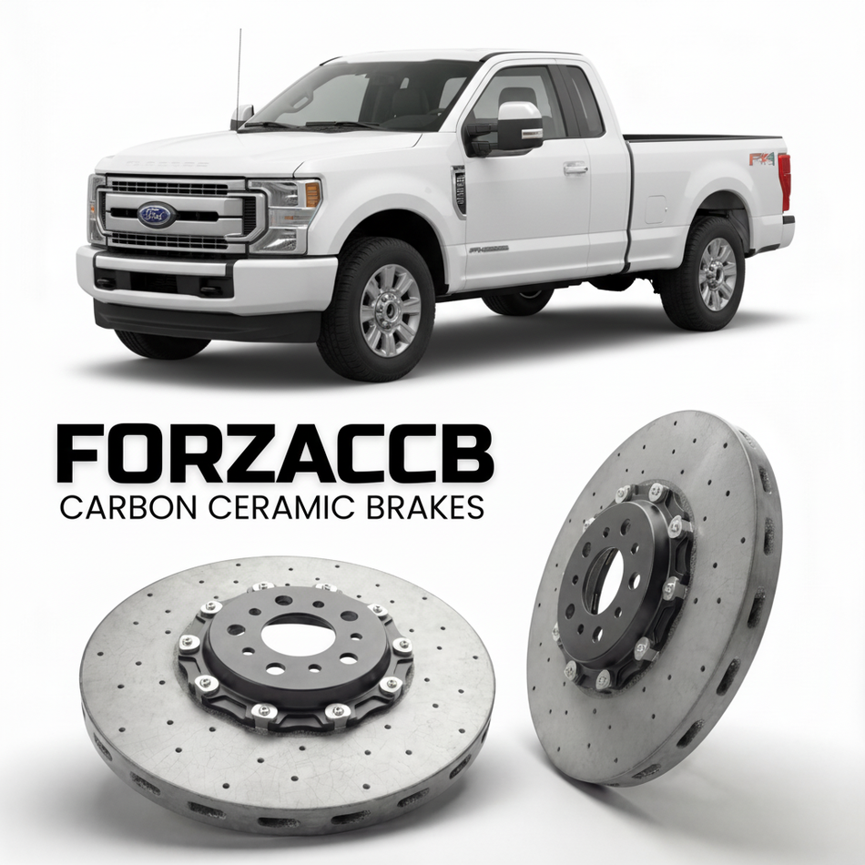 ForzaCCB direct OEM replacement carbon ceramic brake rotors for 2023 and newer Ford F-350 Super Duty V Regular Cab Long box models, shown with a white Ford F-350 Super Duty car.