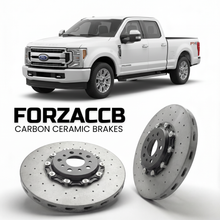 ForzaCCB direct OEM replacement carbon ceramic brake rotors for 2023 and newer Ford F-350 Super Duty V Super Cab Long box models, shown with a white Ford F-350 Super Duty car.