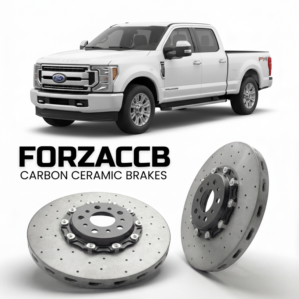 ForzaCCB direct OEM replacement carbon ceramic brake rotors for 2023 and newer Ford F-350 Super Duty V Super Cab Long box models, shown with a white Ford F-350 Super Duty car.