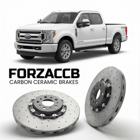 ForzaCCB direct OEM replacement carbon ceramic brake rotors for 2023 and newer Ford F-350 Super Duty V Super Cab Long box models, shown with a white Ford F-350 Super Duty car.