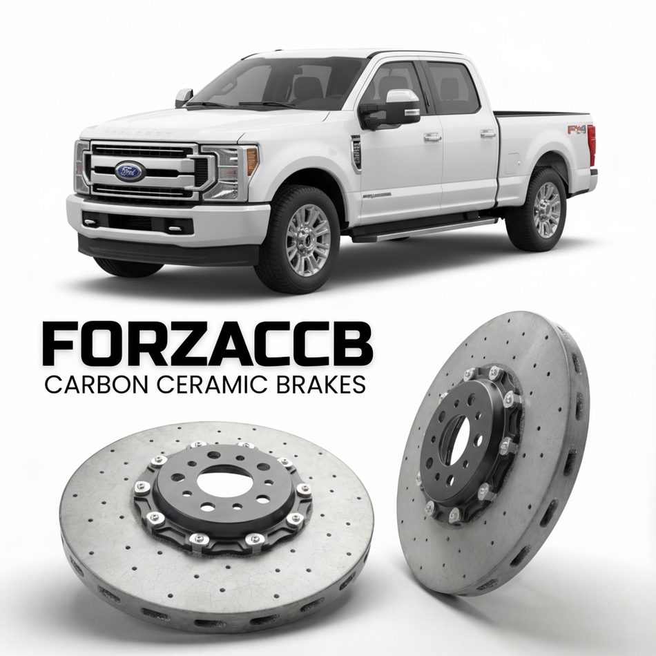 ForzaCCB direct OEM replacement carbon ceramic brake rotors for 2023 and newer Ford F-350 Super Duty V Super Cab Long box models, shown with a white Ford F-350 Super Duty car.
