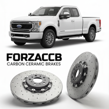 ForzaCCB direct OEM replacement carbon ceramic brake rotors for 2023 and newer Ford F-350 Super Duty V Super Cab Short box models, shown with a white Ford F-350 Super Duty car.