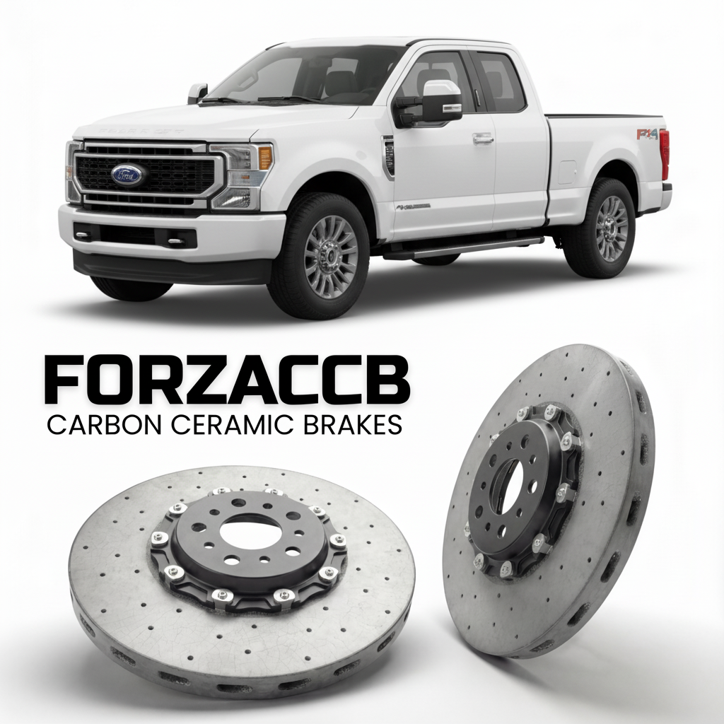 ForzaCCB direct OEM replacement carbon ceramic brake rotors for 2023 and newer Ford F-350 Super Duty V Super Cab Short box models, shown with a white Ford F-350 Super Duty car.
