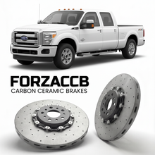 ForzaCCB direct OEM replacement carbon ceramic brake rotors for 2011 to 2016 Ford F-450 Super Duty III Crew Cab Long box models, shown with a white Ford F-450 Super Duty car.