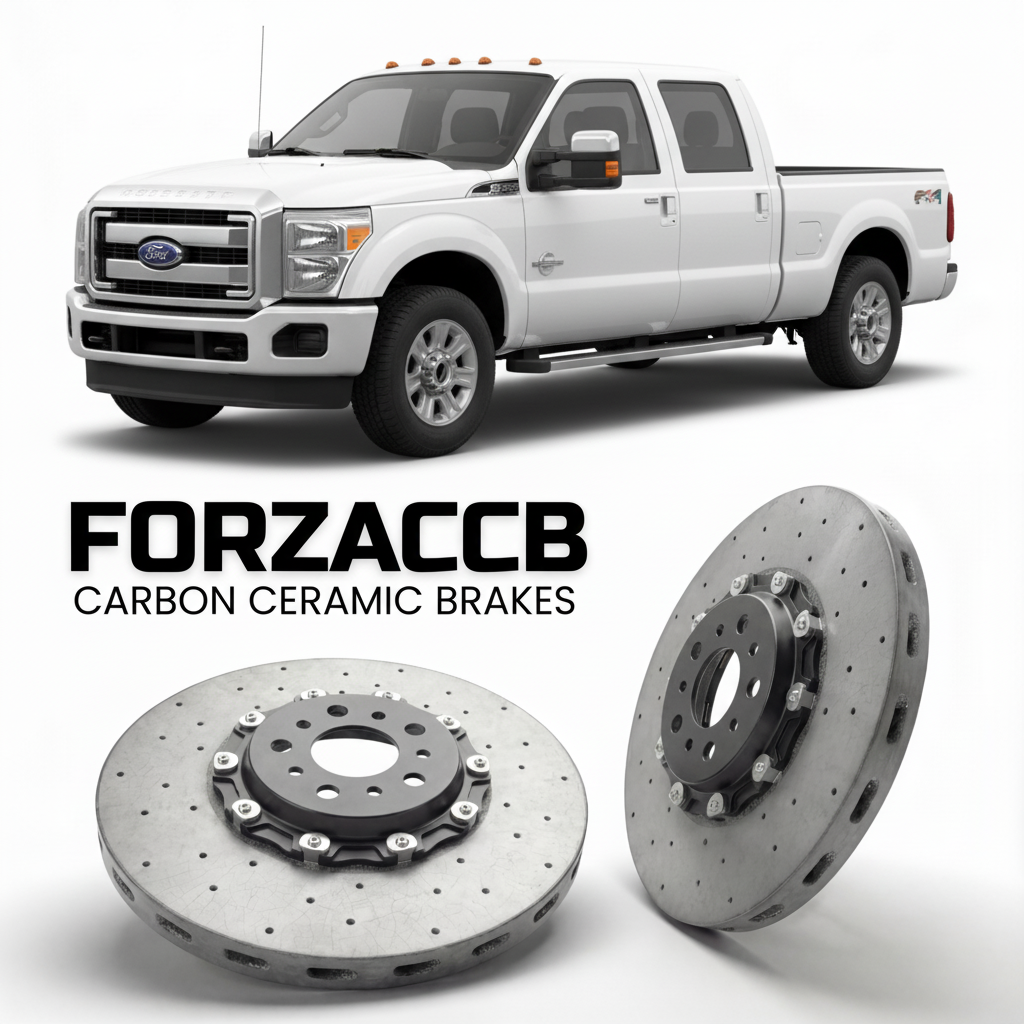 ForzaCCB direct OEM replacement carbon ceramic brake rotors for 2011 to 2016 Ford F-450 Super Duty III Crew Cab Long box models, shown with a white Ford F-450 Super Duty car.