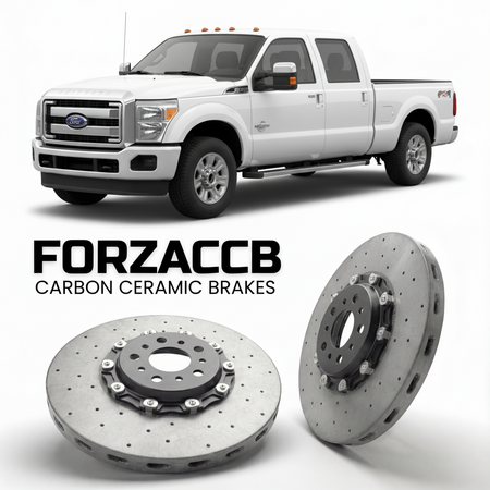 ForzaCCB direct OEM replacement carbon ceramic brake rotors for 2011 to 2016 Ford F-450 Super Duty III Crew Cab Long box models, shown with a white Ford F-450 Super Duty car.