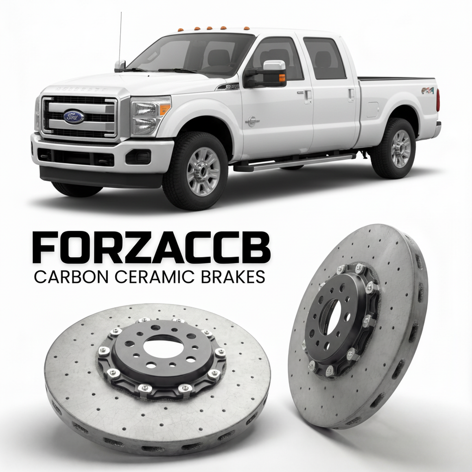 ForzaCCB direct OEM replacement carbon ceramic brake rotors for 2011 to 2016 Ford F-450 Super Duty III Crew Cab Long box models, shown with a white Ford F-450 Super Duty car.