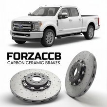 ForzaCCB direct OEM replacement carbon ceramic brake rotors for 2017 to 2019 Ford F-450 Super Duty IV Crew Cab Long box models, shown with a white Ford F-450 Super Duty car.