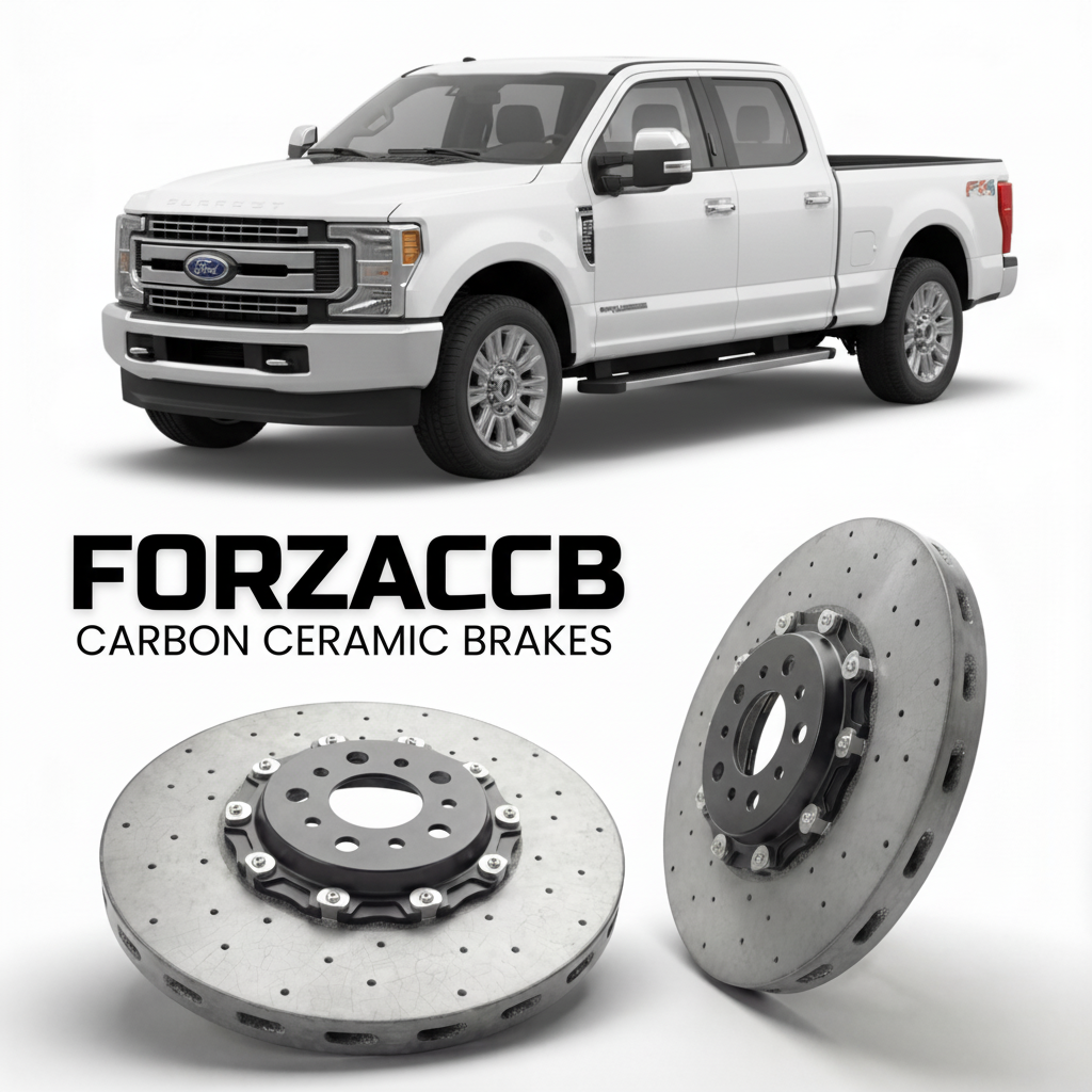 ForzaCCB direct OEM replacement carbon ceramic brake rotors for 2017 to 2019 Ford F-450 Super Duty IV Crew Cab Long box models, shown with a white Ford F-450 Super Duty car.