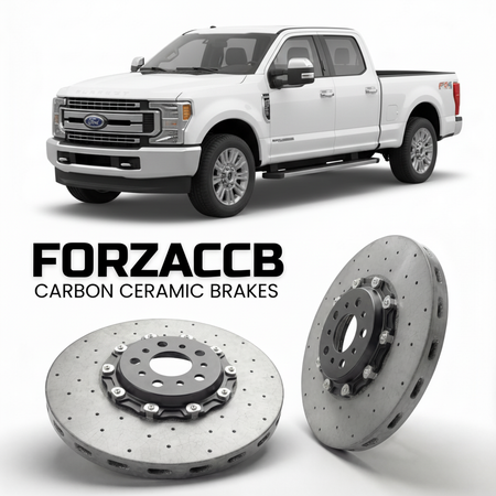 ForzaCCB direct OEM replacement carbon ceramic brake rotors for 2017 to 2019 Ford F-450 Super Duty IV Crew Cab Long box models, shown with a white Ford F-450 Super Duty car.