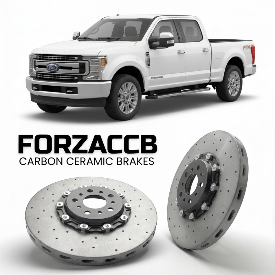 ForzaCCB direct OEM replacement carbon ceramic brake rotors for 2017 to 2019 Ford F-450 Super Duty IV Crew Cab Long box models, shown with a white Ford F-450 Super Duty car.