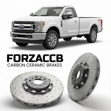 ForzaCCB direct OEM replacement carbon ceramic brake rotors for 2020-2022 Regular Cab Long box) Ford F-450 Super Duty IV (facelift 2020 models, shown with a white Ford F-450 Super Duty car.