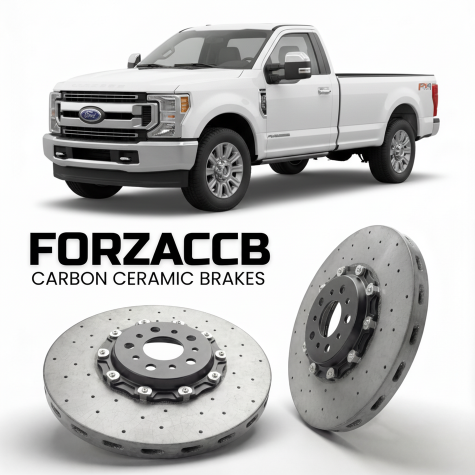 ForzaCCB direct OEM replacement carbon ceramic brake rotors for 2020-2022 Regular Cab Long box) Ford F-450 Super Duty IV (facelift 2020 models, shown with a white Ford F-450 Super Duty car.