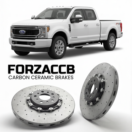 ForzaCCB direct OEM replacement carbon ceramic brake rotors for 2023 and newer Ford F-450 Super Duty V Crew Cab Long box models, shown with a white Ford F-450 Super Duty car.