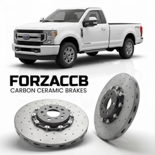 ForzaCCB direct OEM replacement carbon ceramic brake rotors for 2023 and newer Ford F-450 Super Duty V Regular Cab Long box models, shown with a white Ford F-450 Super Duty car.