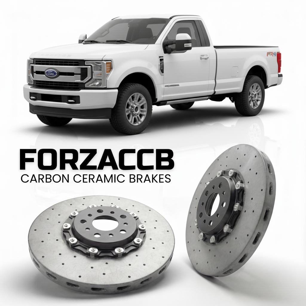 ForzaCCB direct OEM replacement carbon ceramic brake rotors for 2023 and newer Ford F-450 Super Duty V Regular Cab Long box models, shown with a white Ford F-450 Super Duty car.