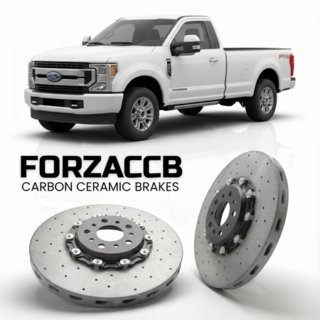 ForzaCCB direct OEM replacement carbon ceramic brake rotors for 2023 and newer Ford F-450 Super Duty V Regular Cab Long box models, shown with a white Ford F-450 Super Duty car.