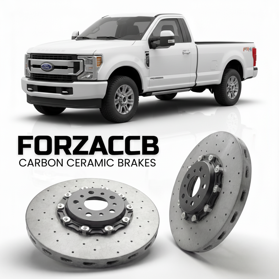 ForzaCCB direct OEM replacement carbon ceramic brake rotors for 2023 and newer Ford F-450 Super Duty V Regular Cab Long box models, shown with a white Ford F-450 Super Duty car.