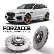 ForzaCCB direct OEM replacement carbon ceramic brake rotors for 2015 to 2020 Jaguar F-Pace models, shown with a white Jaguar F-Pace car.