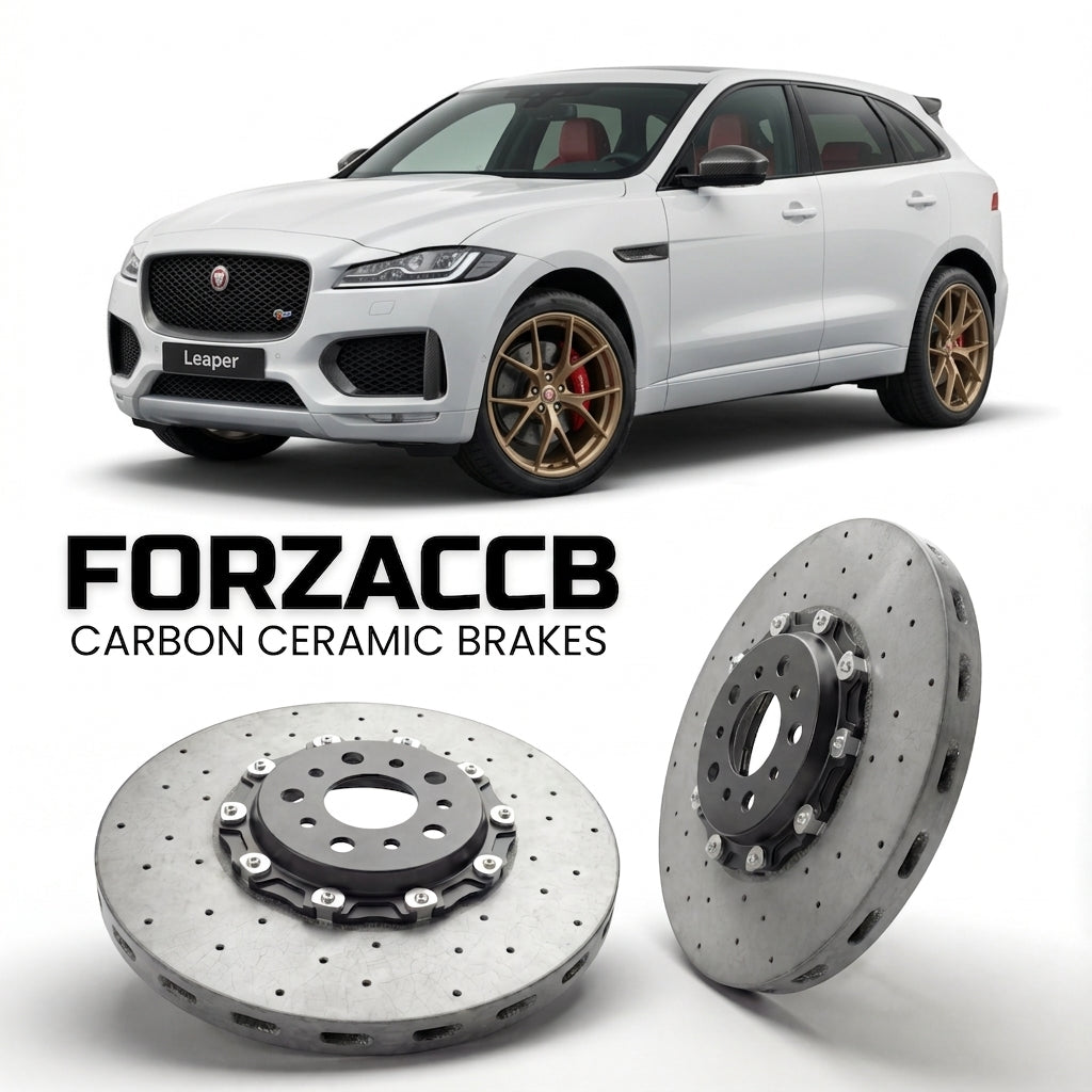 ForzaCCB direct OEM replacement carbon ceramic brake rotors for 2015 to 2020 Jaguar F-Pace models, shown with a white Jaguar F-Pace car.