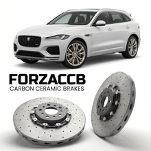ForzaCCB direct OEM replacement carbon ceramic brake rotors for 2020 and newer Jaguar F-Pace facelift 2020 models, shown with a white Jaguar F-Pace car.
