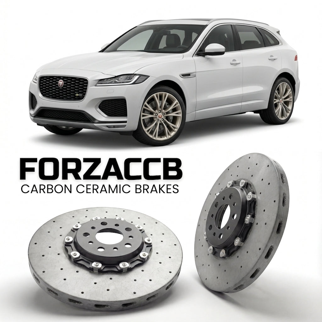 ForzaCCB direct OEM replacement carbon ceramic brake rotors for 2020 and newer Jaguar F-Pace facelift 2020 models, shown with a white Jaguar F-Pace car.