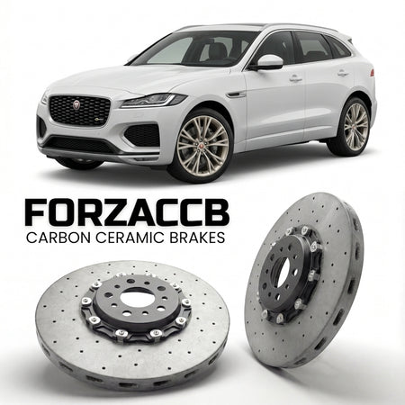 ForzaCCB direct OEM replacement carbon ceramic brake rotors for 2020 and newer Jaguar F-Pace facelift 2020 models, shown with a white Jaguar F-Pace car.