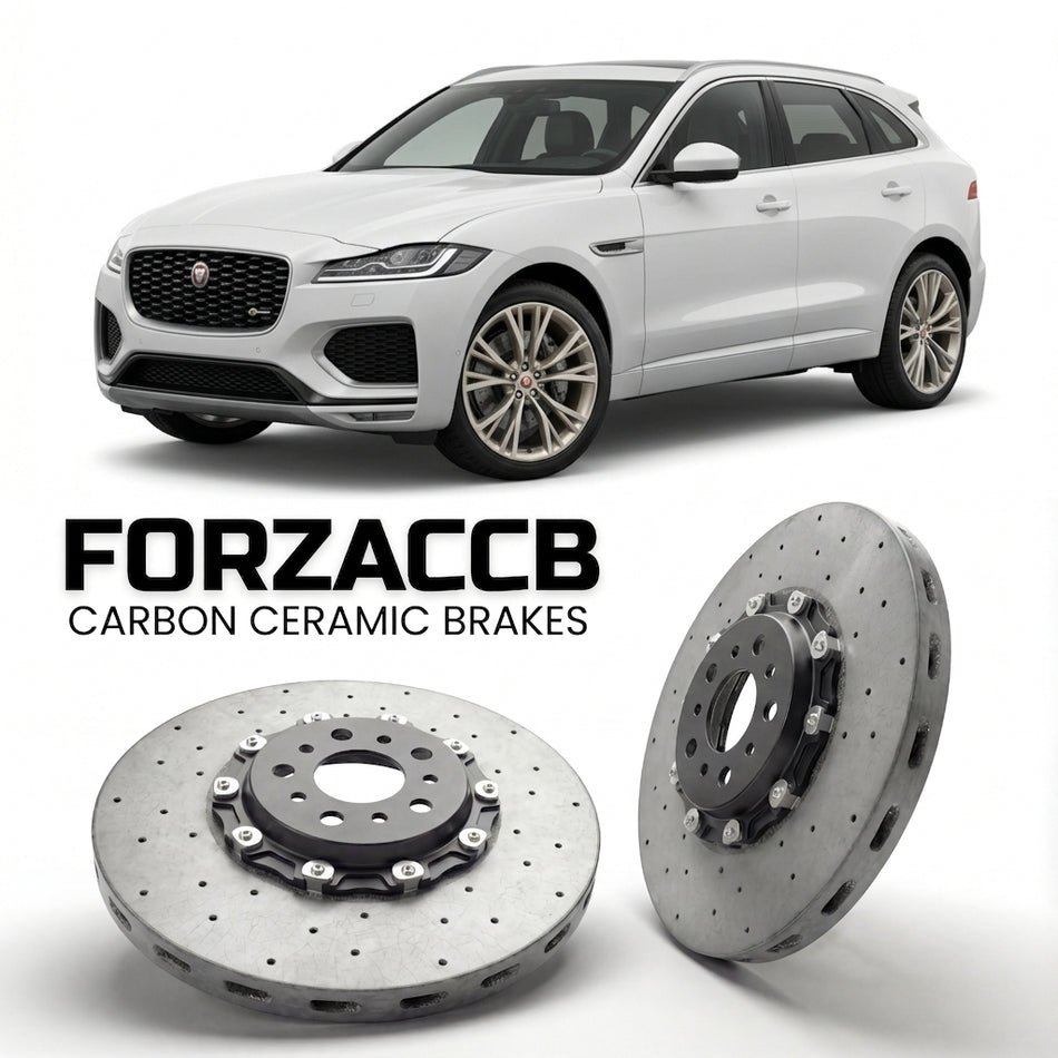ForzaCCB direct OEM replacement carbon ceramic brake rotors for 2020 and newer Jaguar F-Pace facelift 2020 models, shown with a white Jaguar F-Pace car.