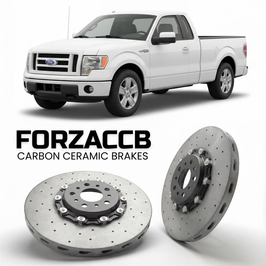 ForzaCCB direct OEM replacement carbon ceramic brake rotors for 2005 to 2008 Ford F-Series F-100/F-150 Ford F-Series F-150 XI Regular Cab models, shown with a white Ford F-Series F-100/F-150 car.
