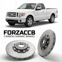 ForzaCCB direct OEM replacement carbon ceramic brake rotors for 2005 to 2008 Ford F-Series F-100/F-150 Ford F-Series F-150 XI Regular Cab models, shown with a white Ford F-Series F-100/F-150 car.