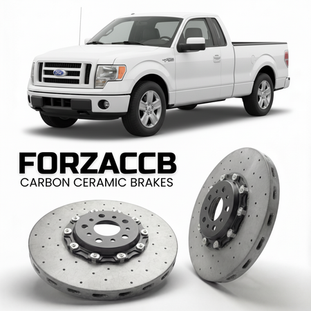 ForzaCCB direct OEM replacement carbon ceramic brake rotors for 2005 to 2008 Ford F-Series F-100/F-150 Ford F-Series F-150 XI Regular Cab models, shown with a white Ford F-Series F-100/F-150 car.
