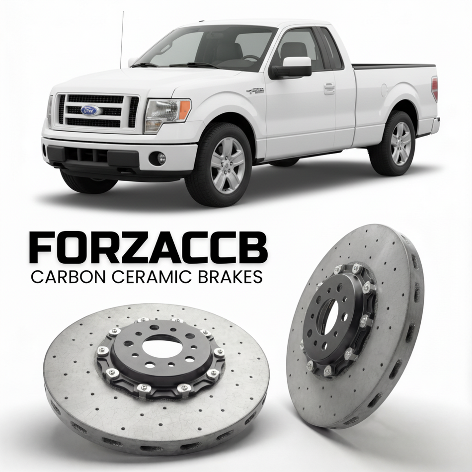 ForzaCCB direct OEM replacement carbon ceramic brake rotors for 2005 to 2008 Ford F-Series F-100/F-150 Ford F-Series F-150 XI Regular Cab models, shown with a white Ford F-Series F-100/F-150 car.