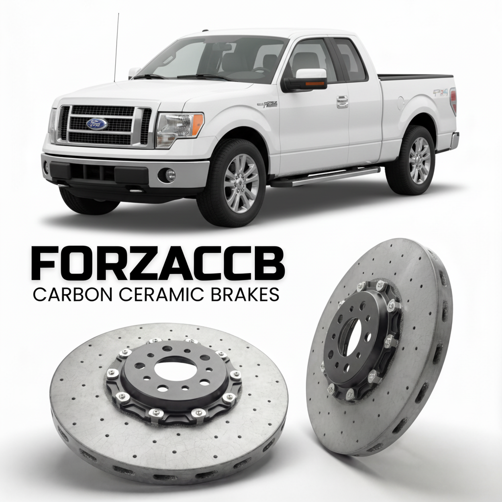 ForzaCCB direct OEM replacement carbon ceramic brake rotors for 2005 to 2008 Ford F-Series F-100/F-150 Ford F-Series F-150 XI SuperCab models, shown with a white Ford F-Series F-100/F-150 car.
