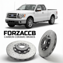 ForzaCCB direct OEM replacement carbon ceramic brake rotors for 2005 to 2008 Ford F-Series F-100/F-150 Ford F-Series F-150 XI SuperCab models, shown with a white Ford F-Series F-100/F-150 car.