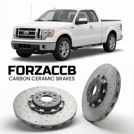 ForzaCCB direct OEM replacement carbon ceramic brake rotors for 2005 to 2008 Ford F-Series F-100/F-150 Ford F-Series F-150 XI SuperCab models, shown with a white Ford F-Series F-100/F-150 car.