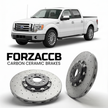 ForzaCCB direct OEM replacement carbon ceramic brake rotors for 2005 to 2008 Ford F-Series F-100/F-150 Ford F-Series F-150 XI SuperCrew models, shown with a white Ford F-Series F-100/F-150 car.