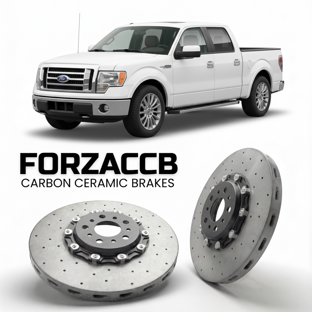 ForzaCCB direct OEM replacement carbon ceramic brake rotors for 2005 to 2008 Ford F-Series F-100/F-150 Ford F-Series F-150 XI SuperCrew models, shown with a white Ford F-Series F-100/F-150 car.