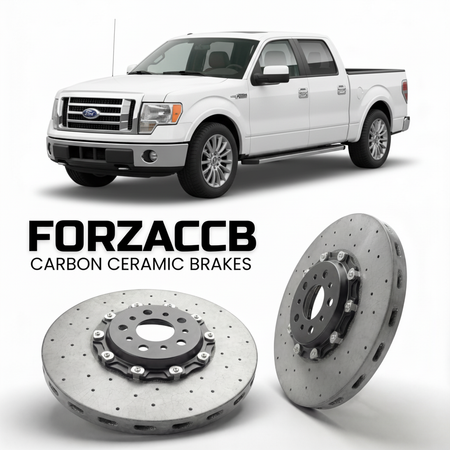 ForzaCCB direct OEM replacement carbon ceramic brake rotors for 2005 to 2008 Ford F-Series F-100/F-150 Ford F-Series F-150 XI SuperCrew models, shown with a white Ford F-Series F-100/F-150 car.