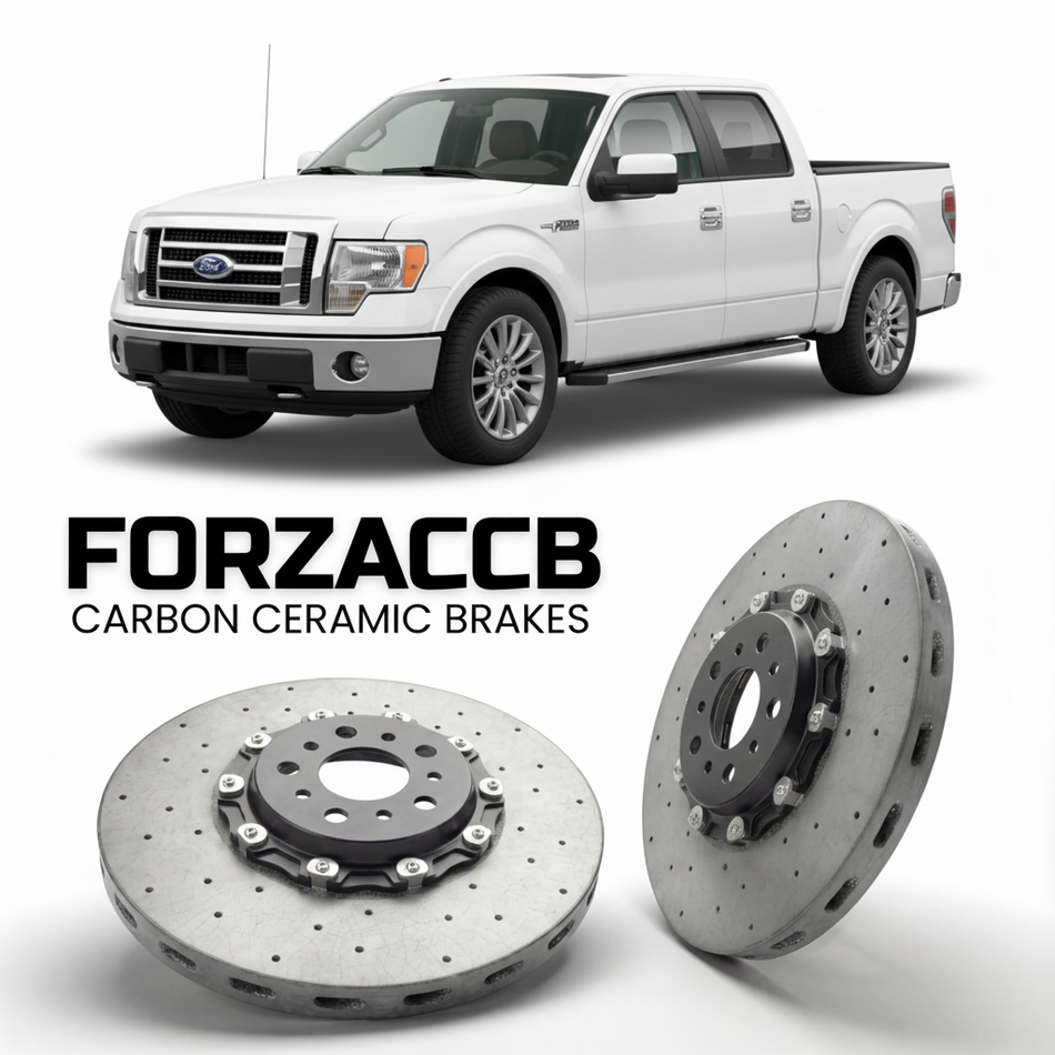 ForzaCCB direct OEM replacement carbon ceramic brake rotors for 2005 to 2008 Ford F-Series F-100/F-150 Ford F-Series F-150 XI SuperCrew models, shown with a white Ford F-Series F-100/F-150 car.