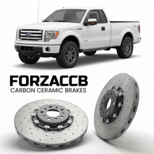 ForzaCCB direct OEM replacement carbon ceramic brake rotors for 2008 to 2014 Ford F-Series F-100/F-150 Ford F-Series F-150 XII Regular Cab models, shown with a white Ford F-Series F-100/F-150 car.