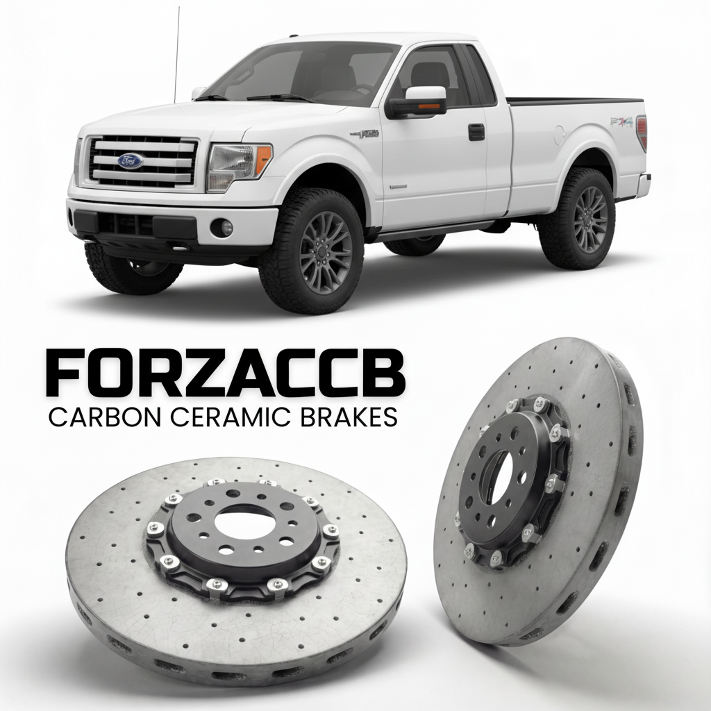 ForzaCCB direct OEM replacement carbon ceramic brake rotors for 2008 to 2014 Ford F-Series F-100/F-150 Ford F-Series F-150 XII Regular Cab models, shown with a white Ford F-Series F-100/F-150 car.