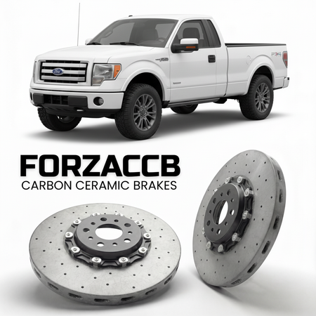 ForzaCCB direct OEM replacement carbon ceramic brake rotors for 2008 to 2014 Ford F-Series F-100/F-150 Ford F-Series F-150 XII Regular Cab models, shown with a white Ford F-Series F-100/F-150 car.